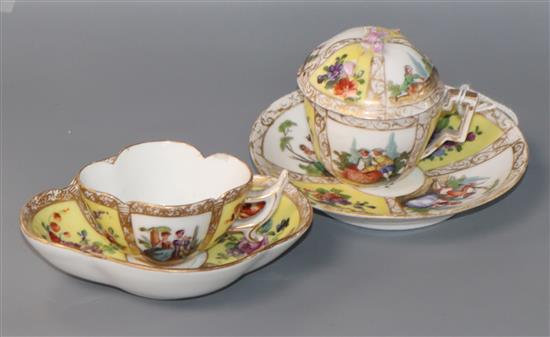 An Augustus Rex teacup and saucer and a Meissen teacup and saucer